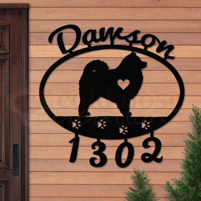Custom Dog Theme Samoyed Name and Address Oval Outdoor Wall Sign - satin black with script font