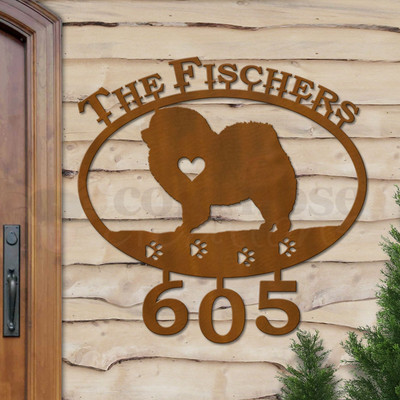 Custom Dog Theme Chow Chow Name and Address Oval Outdoor Wall Sign - rust patina with block font