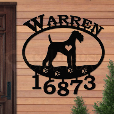 Custom Dog Theme Airedale Name and Address Oval Outdoor Wall Sign - satin black with block font