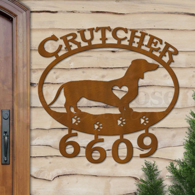 Custom Dog Theme Dachshund Name and Address Oval Outdoor Wall Sign - rust patina with block font