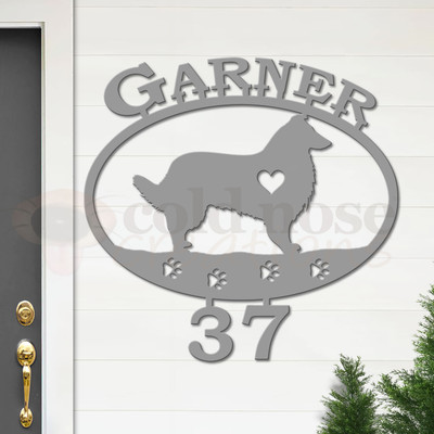 Custom Dog Theme Collie Name and Address Oval Outdoor Wall Sign - unpainted primer with block font