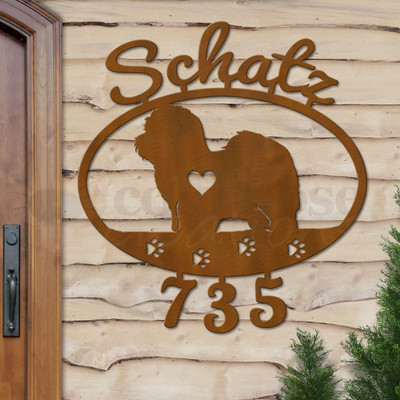 Custom Dog Theme Coton De Tulear Name and Address Oval Outdoor Wall Sign - rust patina with script font