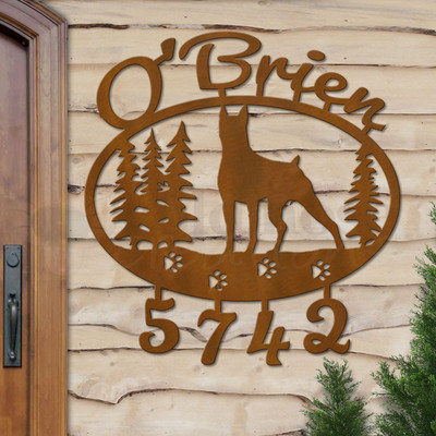 Custom Dog Theme Doberman Pinscher Name and Address Oval Outdoor Wall Sign - rust patina with script font