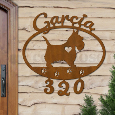 Custom Dog Theme Scottish Terrier Name and Address Oval Outdoor Wall Sign - rust patina with script font