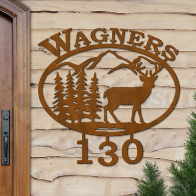 Custom Lodge Decor Mountain Deer Name and Address Oval Outdoor Wall Sign - rust patina with block font