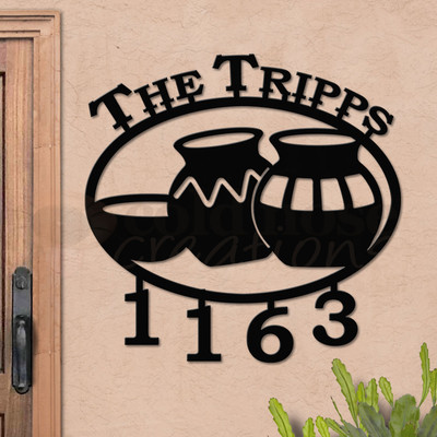 Custom Southwest Decor Ancient Pots Name and Address Oval Outdoor Wall Sign - satin black with block font