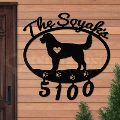 Custom Dog Theme Nova Scotia Duck Trolling Retriever Name and Address Oval Outdoor Wall Sign - satin black with script font