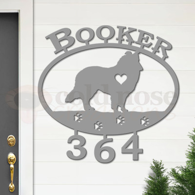 Custom Dog Theme Shetland Sheepdog Name and Address Oval Outdoor Wall Sign - unpainted primer with block font