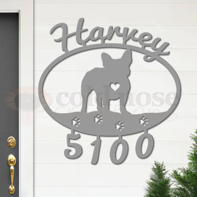 Custom Dog Theme French Bulldog Name and Address Oval Outdoor Wall Sign - unpainted primer with script font