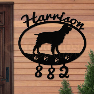 Custom Dog Theme Springer Spaniel Name and Address Oval Outdoor Wall Sign - satin black with script font