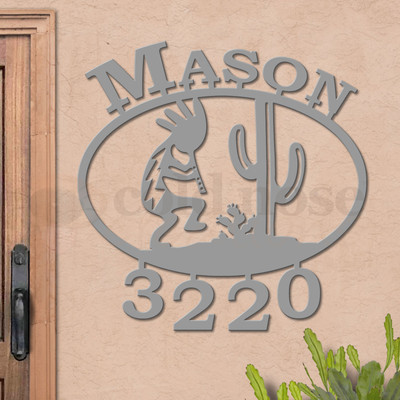 Custom Southwest Decor Kokopelli and Cactus Name and Address Oval Outdoor Wall Sign - unpainted primer with block font