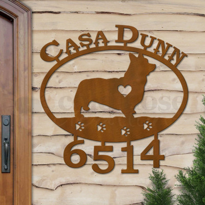 Custom Dog Theme Pembroke Welsh Corgi Name and Address Oval Outdoor Wall Sign - rust patina with block font