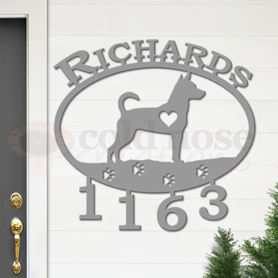 Custom Dog Theme Rat Terrier Name and Address Oval Outdoor Wall Sign - unpainted primer with block font