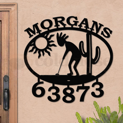 Custom Southwest Decor Kokopelli Desert Putter Name and Address Oval Outdoor Wall Sign - satin black with block font