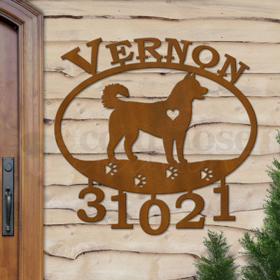 Custom Dog Theme Husky Name and Address Oval Outdoor Wall Sign - rust patina with block font