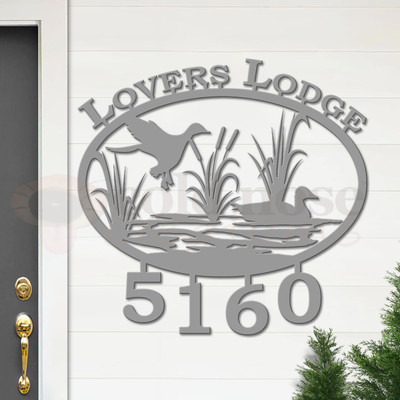 Custom Lodge Decor Duck Pond Name and Address Oval Outdoor Wall Sign - unpainted primer with block font
