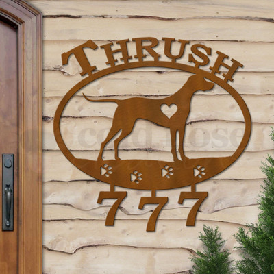 Custom Dog Theme Vizsla Name and Address Oval Outdoor Wall Sign - rust patina with block font