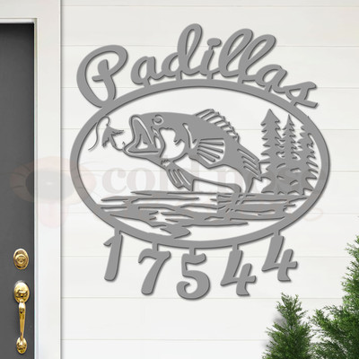 Custom Fishing Theme Bass Fishing Name and Address Oval Outdoor Wall Sign - unpainted primer with script font