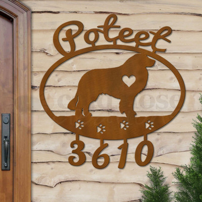 Custom Dog Theme Great Pyrenees Name and Address Oval Outdoor Wall Sign - rust patina with script font