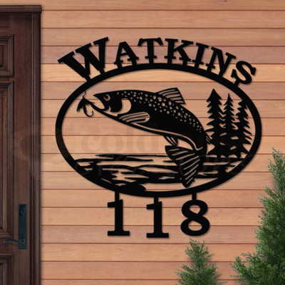 Custom Fishing Theme Trout Fishing Name and Address Oval Outdoor Wall Sign - satin black with block font