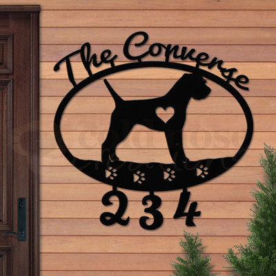Custom Dog Theme Border Terrier Name and Address Oval Outdoor Wall Sign - satin black with script font