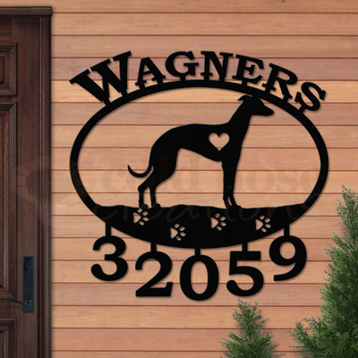 Custom Dog Theme Italian Greyhound Name and Address Oval Outdoor Wall Sign - satin black with block font