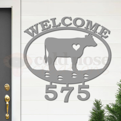 Custom Country Decor Cow Name and Address Oval Outdoor Wall Sign - unpainted primer with block font