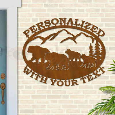 Custom Lodge Decor Bear Family Custom Text Oval Outdoor Wall Sign - rust patina