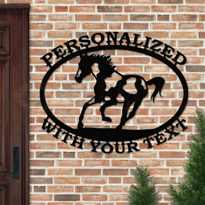 Custom Western Decor Paint Horse Custom Text Oval Outdoor Wall Sign - satin black