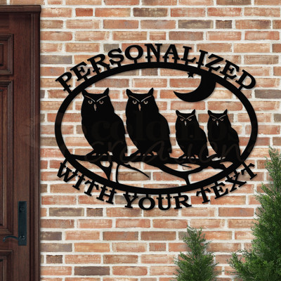 Custom Lodge Decor Owl Family Custom Text Oval Outdoor Wall Sign - satin black