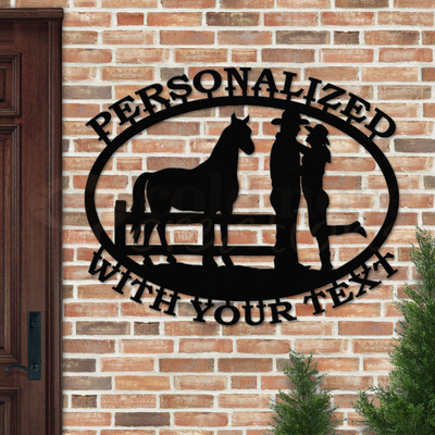Custom Western Decor Horse Lovers Custom Text Oval Outdoor Wall Sign - satin black