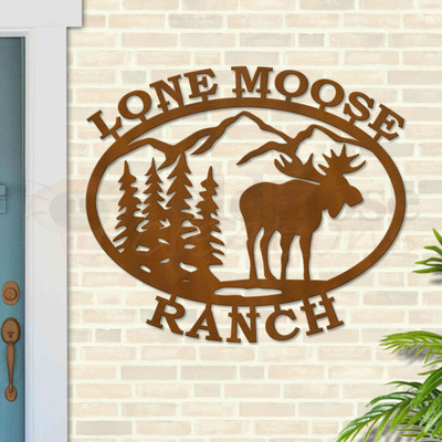 Custom Lodge Decor Mountain Moose Custom Text Oval Outdoor Wall Sign - rust patina