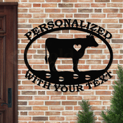 Custom Country Decor Cow Custom Text Oval Outdoor Wall Sign - satin black