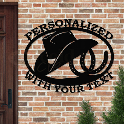 Custom Western Decor Hat and Horseshoes Custom Text Oval Outdoor Wall Sign - satin black