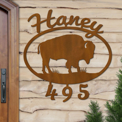 Custom Lodge Decor Buffalo Name and Address Oval Outdoor Wall Sign - rust patina with script font