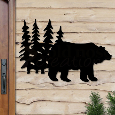 Lodge Decor Bear and Trees Metal Wall Art - XXL Size