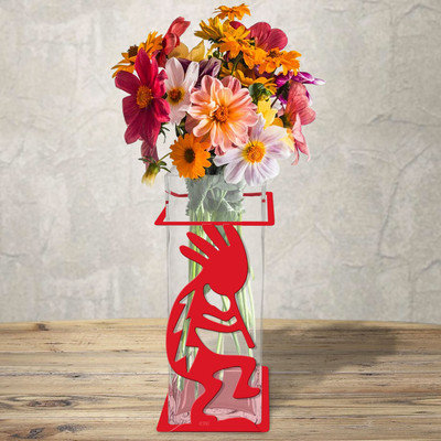 Southwest Decor Dancing Kokopelli 12in Tall Square Glass Vase in Metal Base - Choose Color or Paint it Yourself