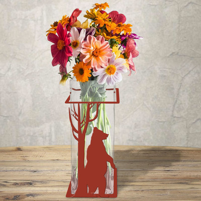 Lodge Decor Standing Bear 12in Tall Square Glass Vase in Metal Base - Choose Color or Paint it Yourself