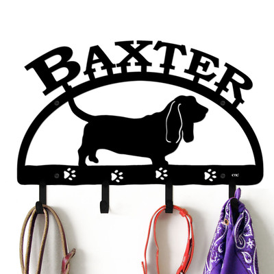 Basset Hound Personalized Leash Organizer Wall Hooks- Choose Color or Paint it Yourself - dog block black