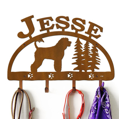 Portuguese Water Dog Personalized Leash Organizer Wall Hooks- Choose Color or Paint it Yourself - trees block rust