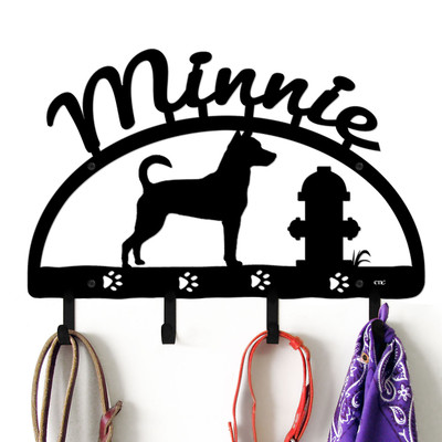 Rat Terrier Personalized Leash Organizer Wall Hooks- Choose Color or Paint it Yourself - hydrant script black