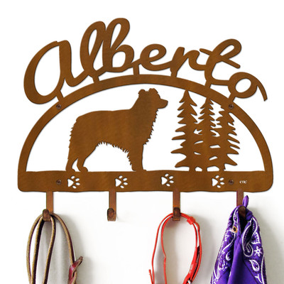 Australian Shepherd Personalized Leash Organizer Wall Hooks- Choose Color or Paint it Yourself - trees script rust