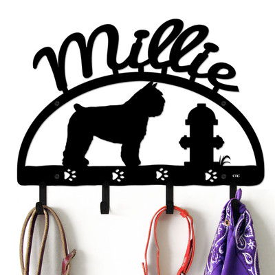 Bouvier Des Flanders Personalized Leash Organizer Wall Hooks- Choose Color or Paint it Yourself - hydrant script black