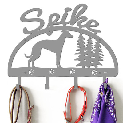 Greyhound Personalized Leash Organizer Wall Hooks- Choose Color or Paint it Yourself - trees script primer