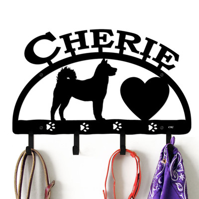 Sheba Inu Personalized Leash Organizer Wall Hooks- Choose Color or Paint it Yourself - heart block black