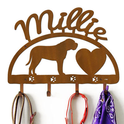 Mastiff Personalized Leash Organizer Wall Hooks- Choose Color or Paint it Yourself - heart script rust
