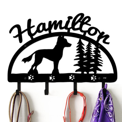 Chinese Crested Personalized Leash Organizer Wall Hooks- Choose Color or Paint it Yourself - trees script black