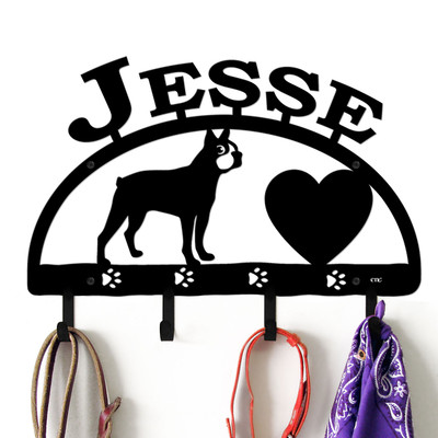Boston Terrier Personalized Leash Organizer Wall Hooks- Choose Color or Paint it Yourself - heart block black