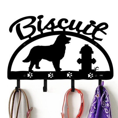 Newfoundland Personalized Leash Organizer Wall Hooks- Choose Color or Paint it Yourself - hydrant script black