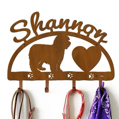 Old English Sheepdog Personalized Leash Organizer Wall Hooks- Choose Color or Paint it Yourself - heart script rust